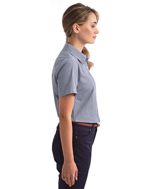 Navy/ White Women&#39;s Microcheck Gingham Short Sleeve Cotton Dress Shirt - RP321