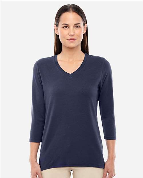 Front View of Navy Women's Perfect Fit™ Bracelet-Length V-Neck Top - DP184W