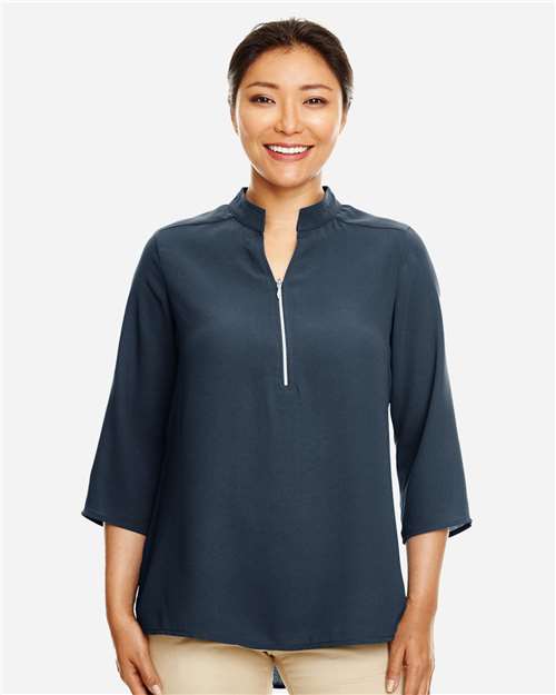 Front View of Navy Women's Perfect Fit™  Three-Quarter Sleeve Crepe Tunic - DP611W