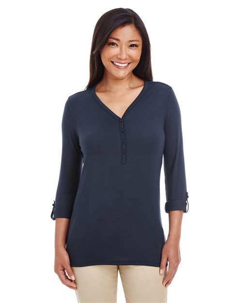 Front View of Navy Women's Perfect Fit™ Y-Placket Convertible Sleeve Knit Top - DP186W