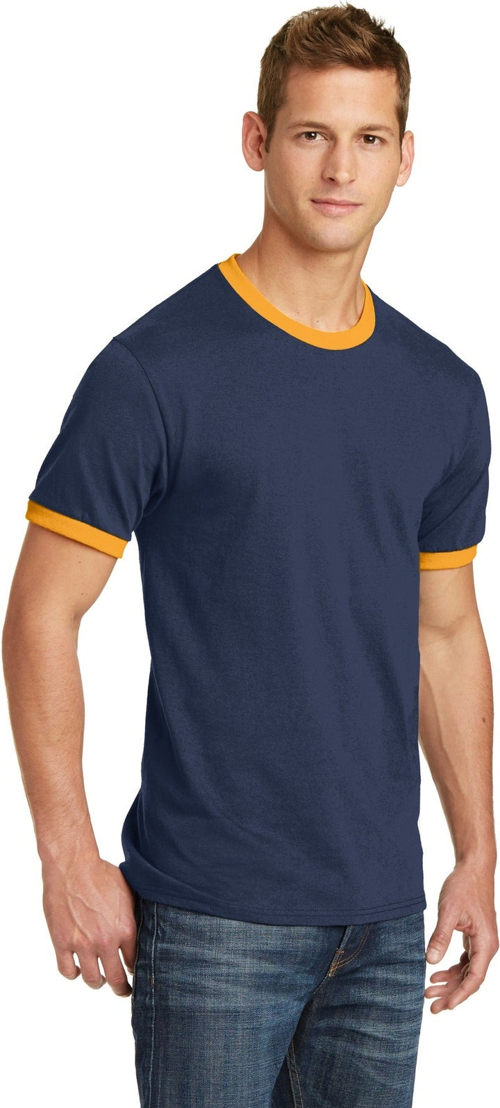 Navy/Gold Port & Co Core Cotton Ringer Tee. PC54R