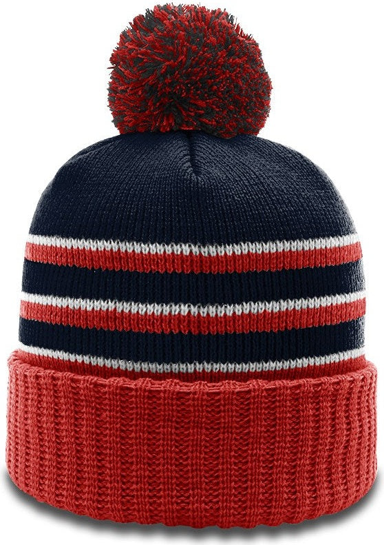 Navy/Red/White Sriped Beanie with Cuff & Pom
