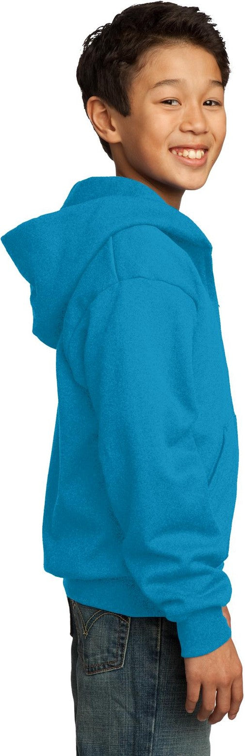 Neon Blue Port & Co Youth Core Fleece Full-Zip Hooded Sweatshirt. PC90YZH