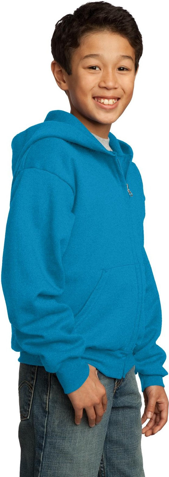 Neon Blue Port & Co Youth Core Fleece Full-Zip Hooded Sweatshirt. PC90YZH