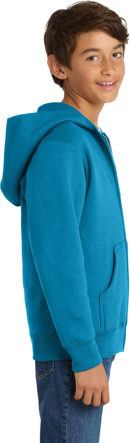 Neon Blue Port & Co Youth Core Fleece Full-Zip Hooded Sweatshirt. PC90YZH