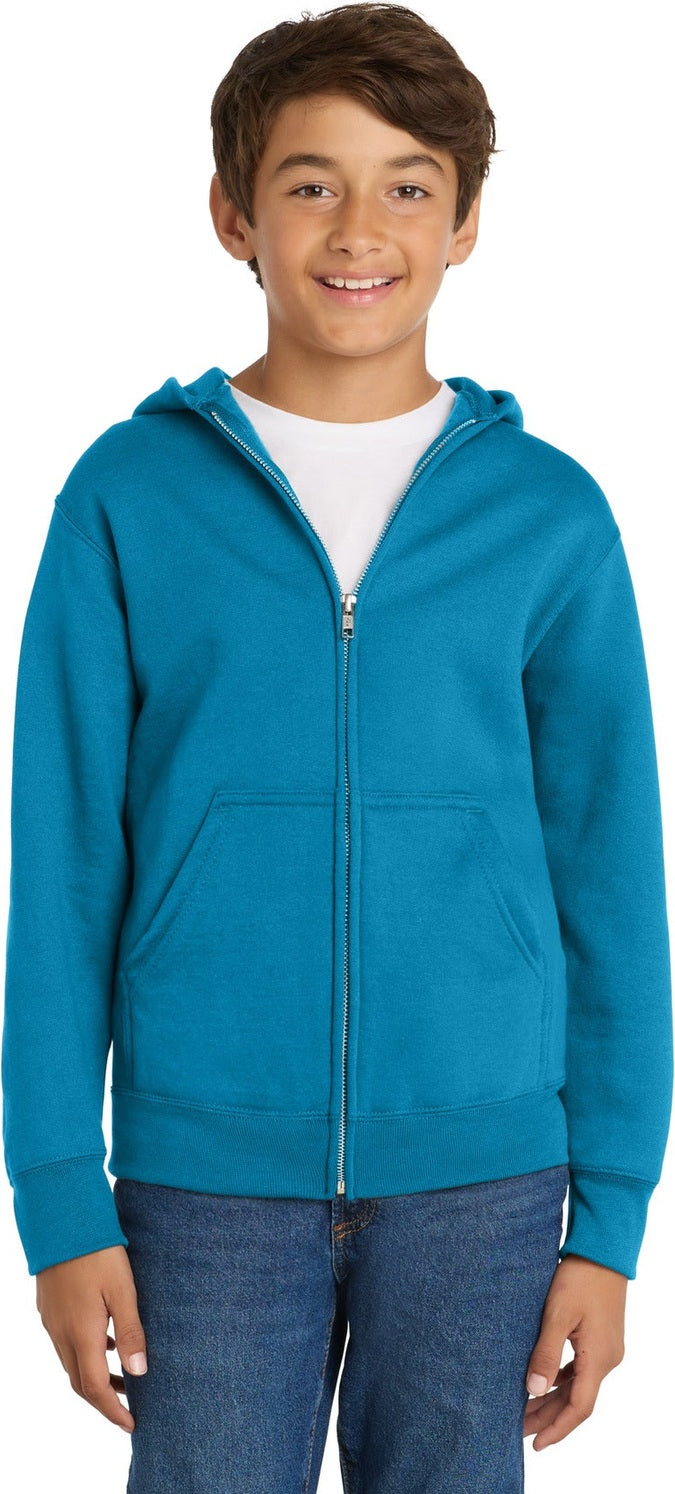 Neon Blue Port & Co Youth Core Fleece Full-Zip Hooded Sweatshirt. PC90YZH