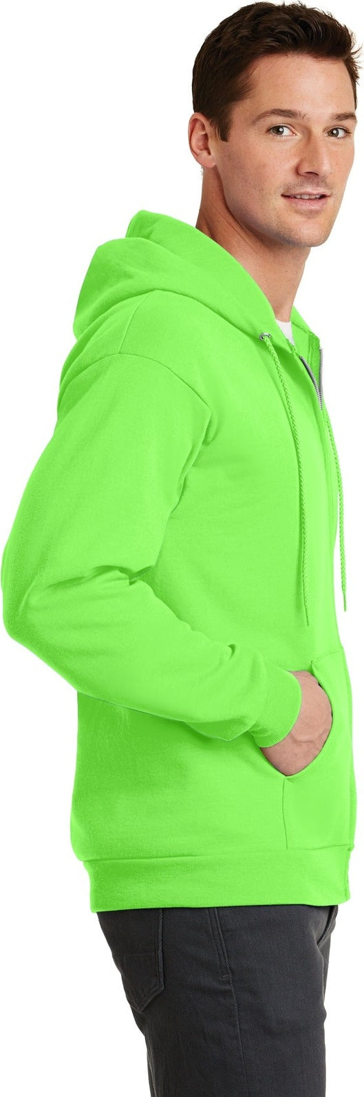 Neon Green Port & Co Core Fleece Full-Zip Hooded Sweatshirt. PC78ZH