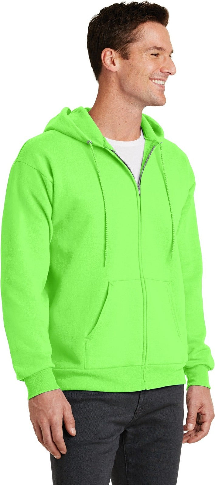 Neon Green Port & Co Core Fleece Full-Zip Hooded Sweatshirt. PC78ZH