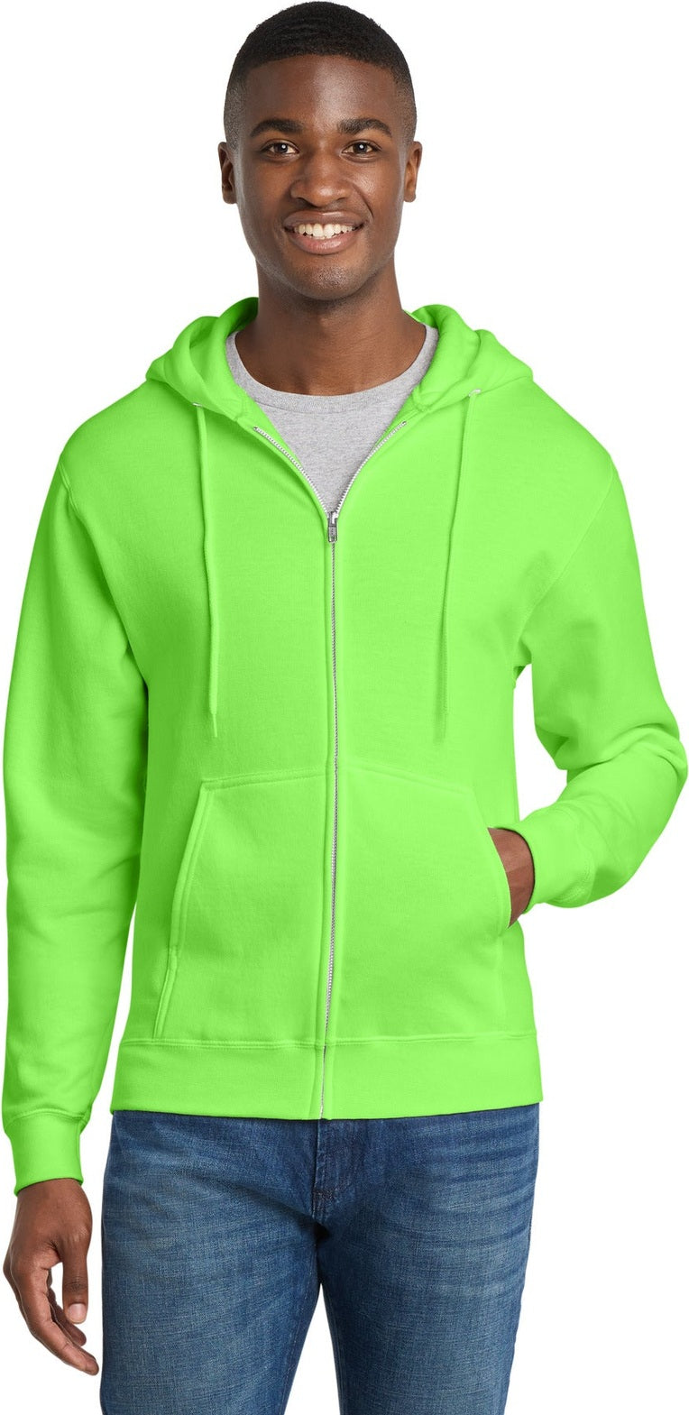 Neon Green Port & Co Core Fleece Full-Zip Hooded Sweatshirt. PC78ZH