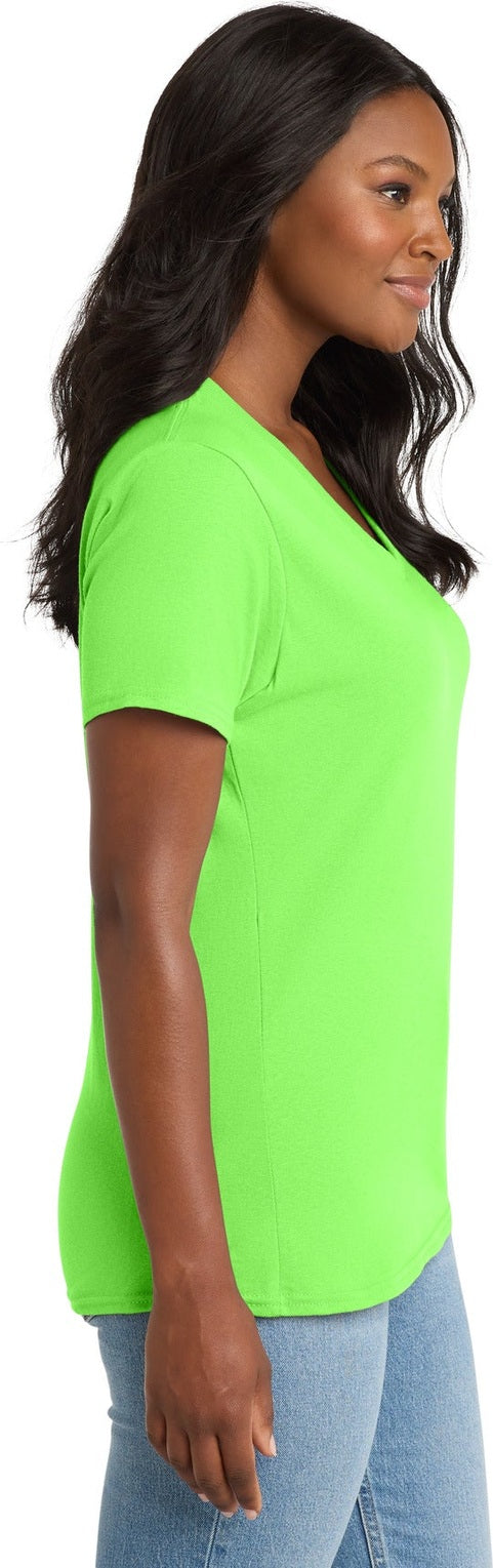 Neon Green Port & Co Women's Core Cotton V-Neck Tee. LPC54V