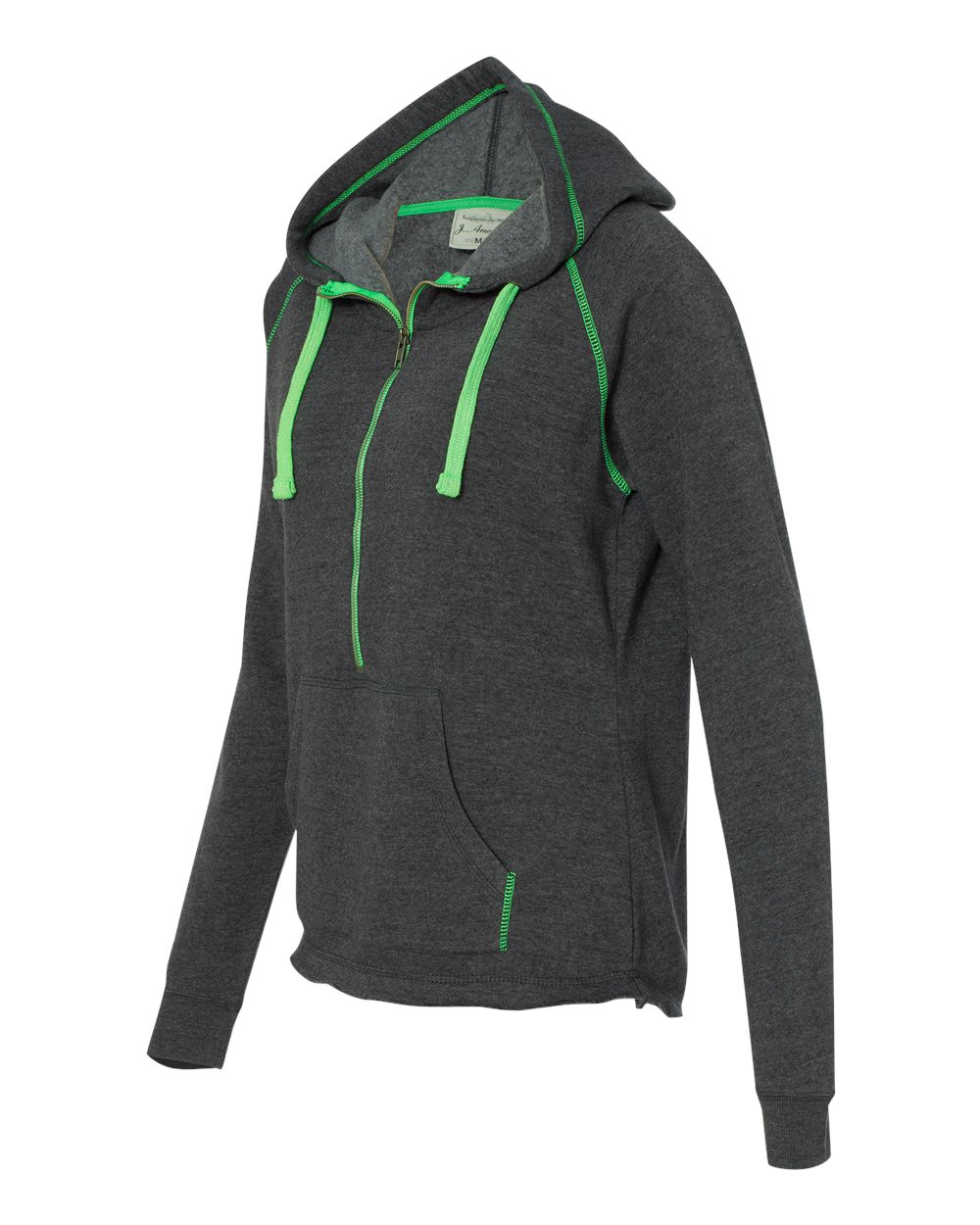 Neon Green Women&#39;s Half-Zip Triblend Hooded Pullover Sweatshirt - 8876