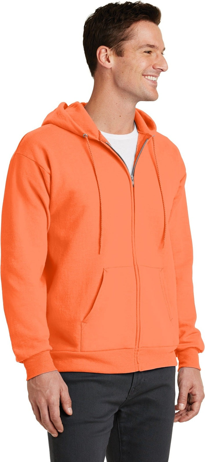 Neon Orange Port & Co Core Fleece Full-Zip Hooded Sweatshirt. PC78ZH