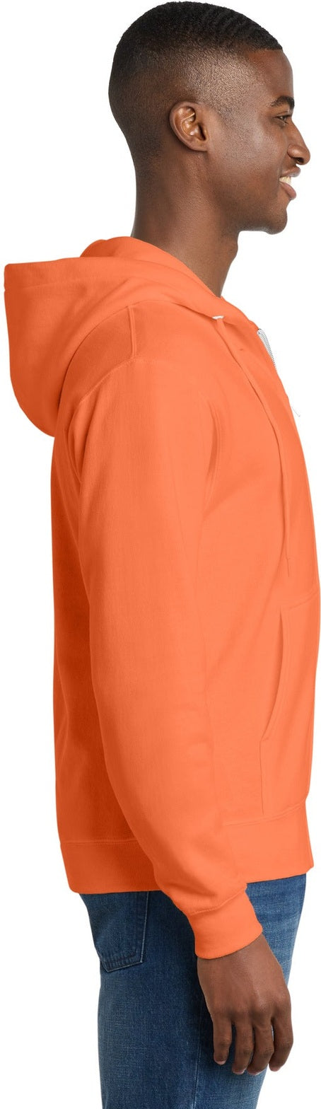 Neon Orange Port & Co Core Fleece Full-Zip Hooded Sweatshirt. PC78ZH