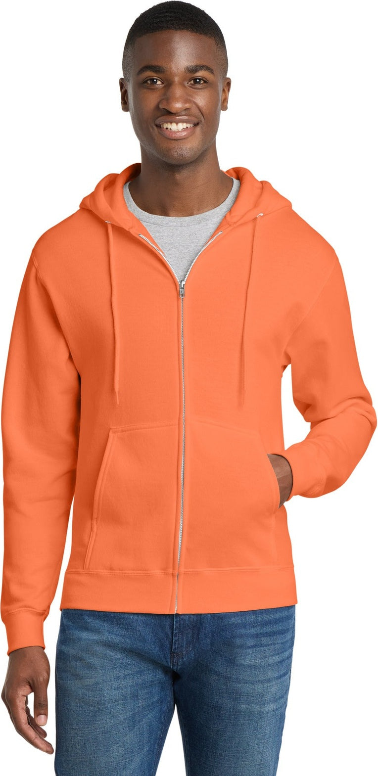 Neon Orange Port & Co Core Fleece Full-Zip Hooded Sweatshirt. PC78ZH
