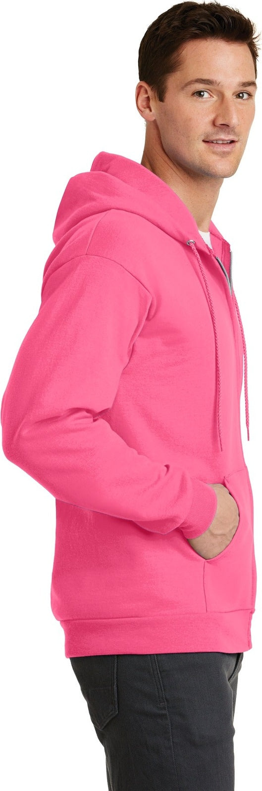 Neon Pink Port & Co Core Fleece Full-Zip Hooded Sweatshirt. PC78ZH
