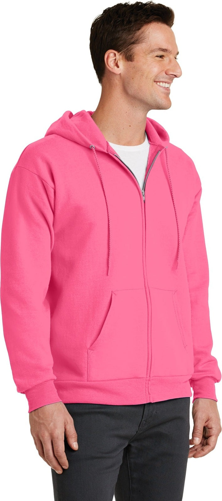 Neon Pink Port & Co Core Fleece Full-Zip Hooded Sweatshirt. PC78ZH