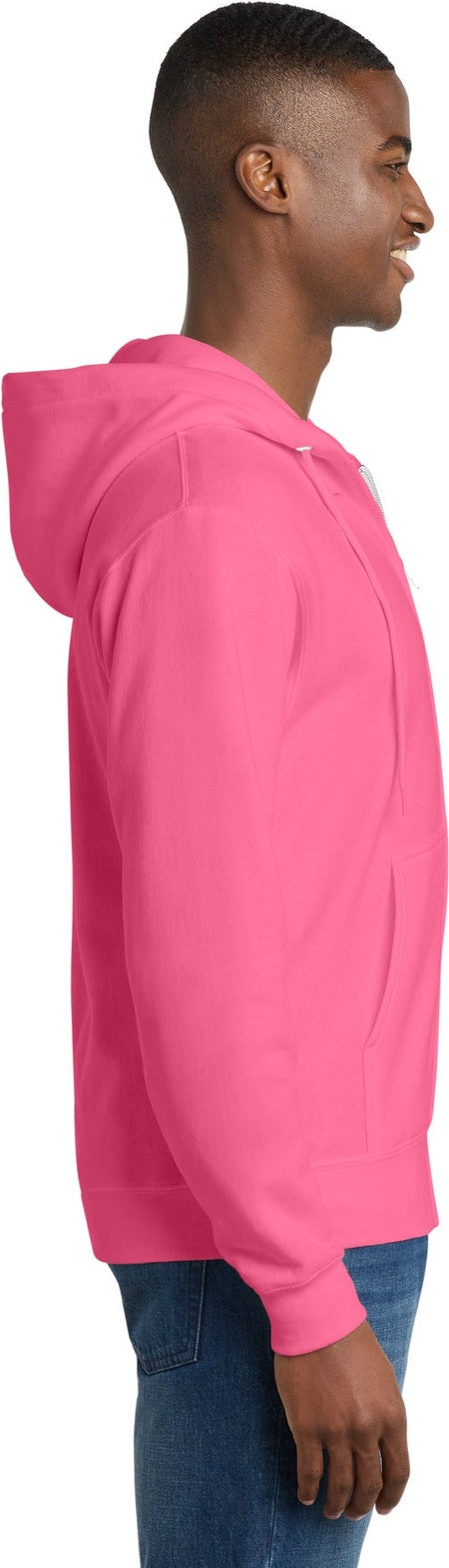 Neon Pink Port & Co Core Fleece Full-Zip Hooded Sweatshirt. PC78ZH