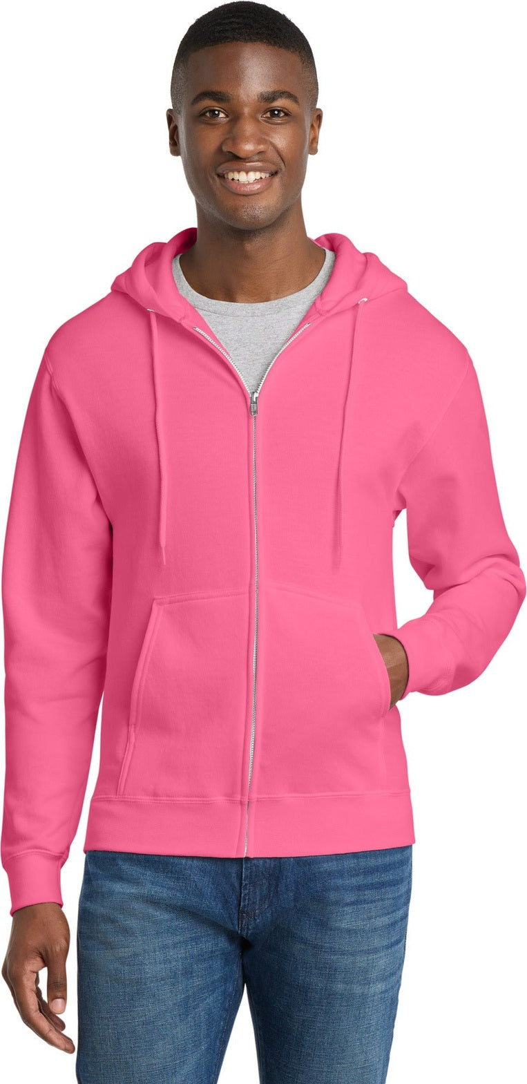 Neon Pink Port & Co Core Fleece Full-Zip Hooded Sweatshirt. PC78ZH