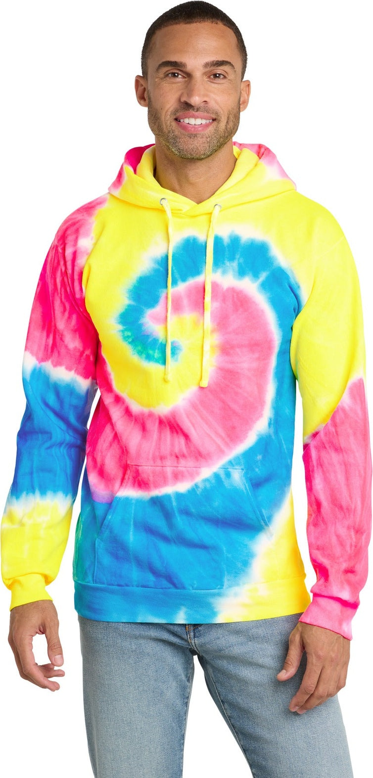 Neon Rainbow Port & Co Tie-Dye Pullover Hooded Sweatshirt. PC146