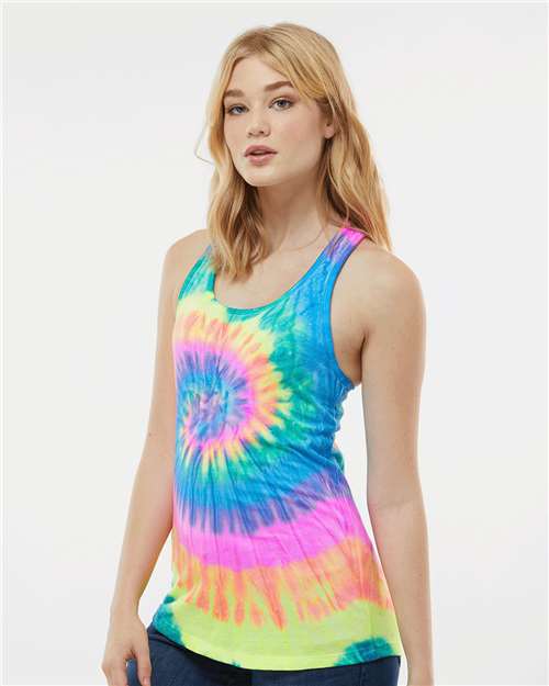 Neon Rainbow Women&#39;s Tie-Dyed Racerback Tank Top - 3400