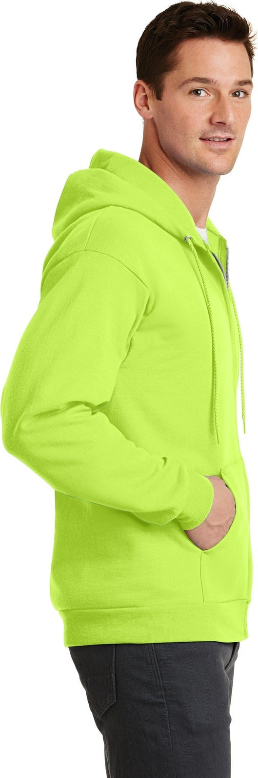 Neon Yellow Port & Co Core Fleece Full-Zip Hooded Sweatshirt. PC78ZH