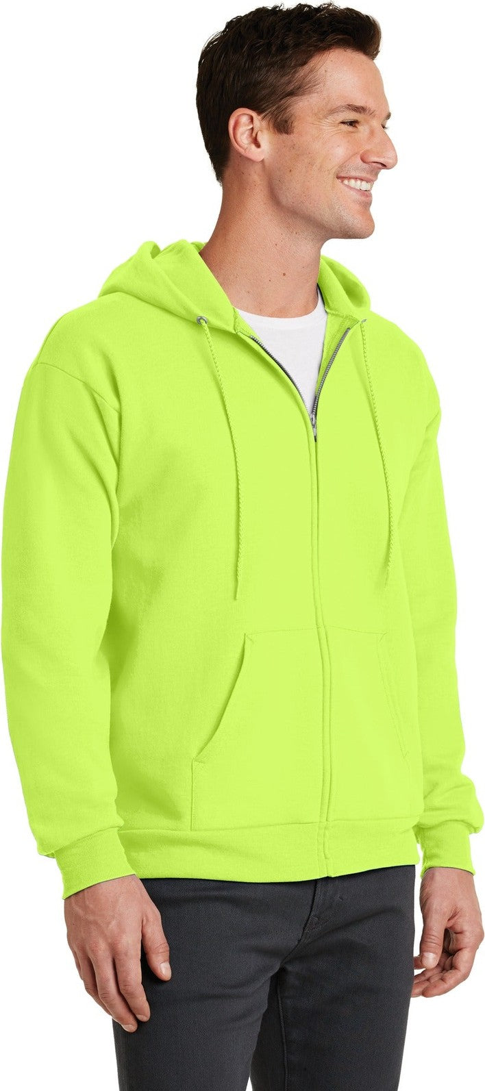 Neon Yellow Port & Co Core Fleece Full-Zip Hooded Sweatshirt. PC78ZH