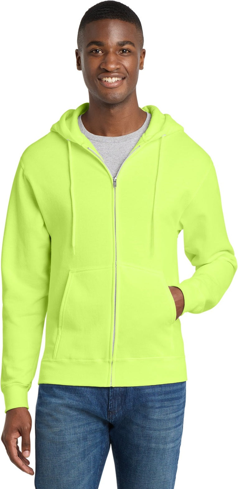 Neon Yellow Port & Co Core Fleece Full-Zip Hooded Sweatshirt. PC78ZH