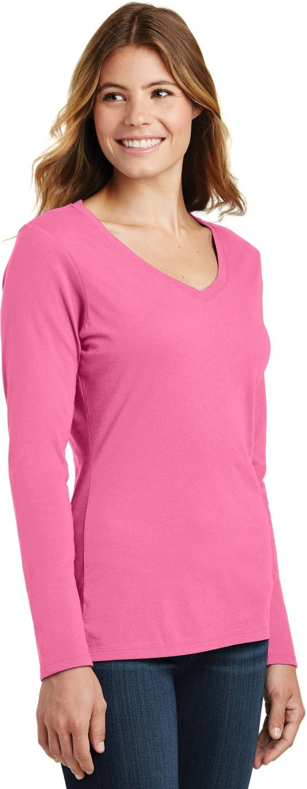 New Pink Port & Co Women's Long Sleeve Fan Favorite V-Neck Tee. LPC450VLS