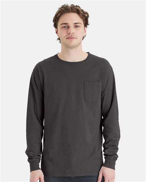New Railroad Grey Garment-Dyed Long Sleeve T-Shirt With a Pocket - GDH250