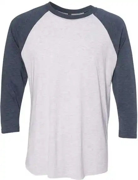 Next Level 6051 Unisex Triblend Three Quarter Sleeve Raglan Indigo Sleeves Heather White Body
