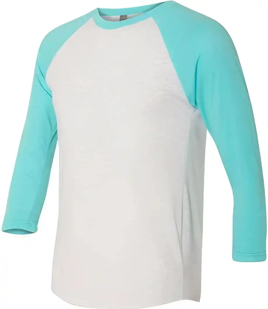 Next Level 6051 Unisex Triblend Three Quarter Sleeve Raglan Tahiti Blue Sleeves Heather White Body