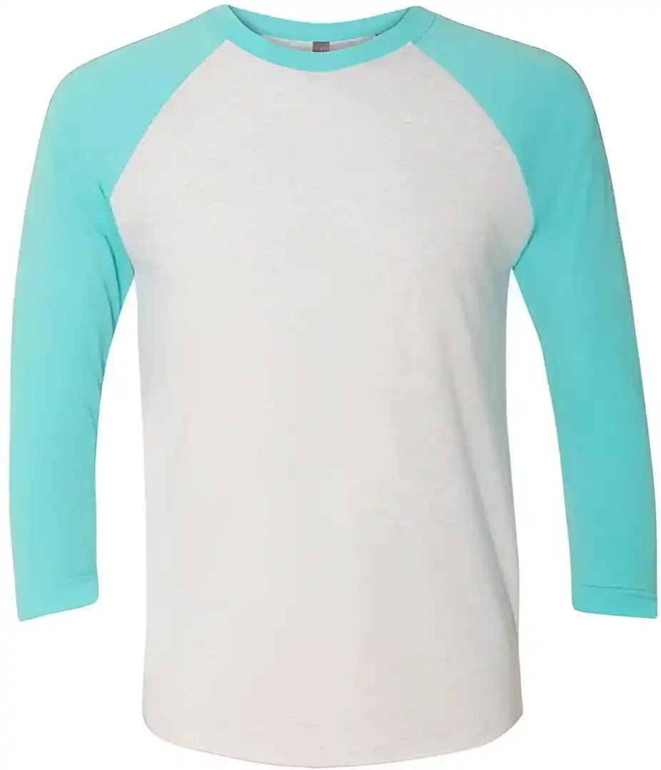 Next Level 6051 Unisex Triblend Three Quarter Sleeve Raglan Tahiti Blue Sleeves Heather White Body