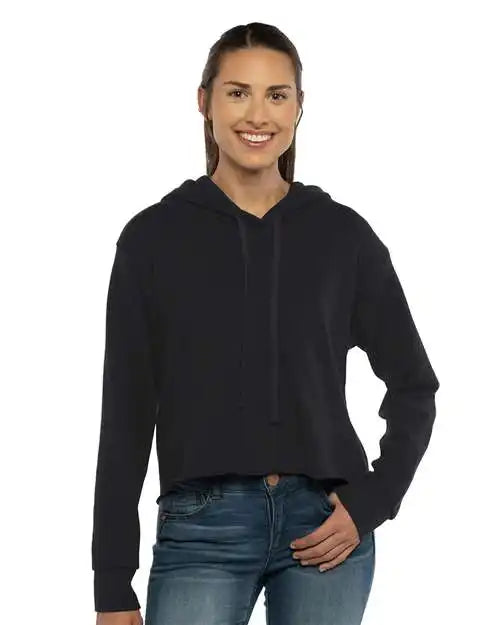 Next Level 9384 Women’s Laguna Sueded Raw Edge Crop Hoodie - Black