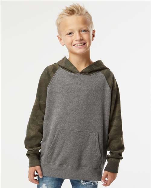 Nickel Heather/ Forest Camo Youth Lightweight Special Blend Raglan Hooded Sweatshirt - PRM15YSB