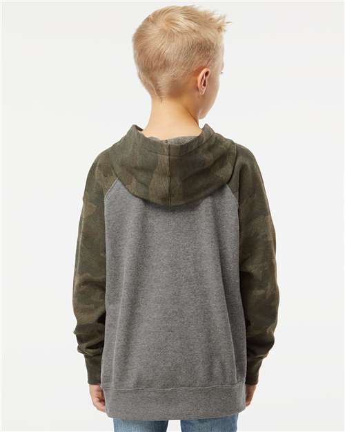 Nickel Heather/ Forest Camo Youth Lightweight Special Blend Raglan Hooded Sweatshirt - PRM15YSB