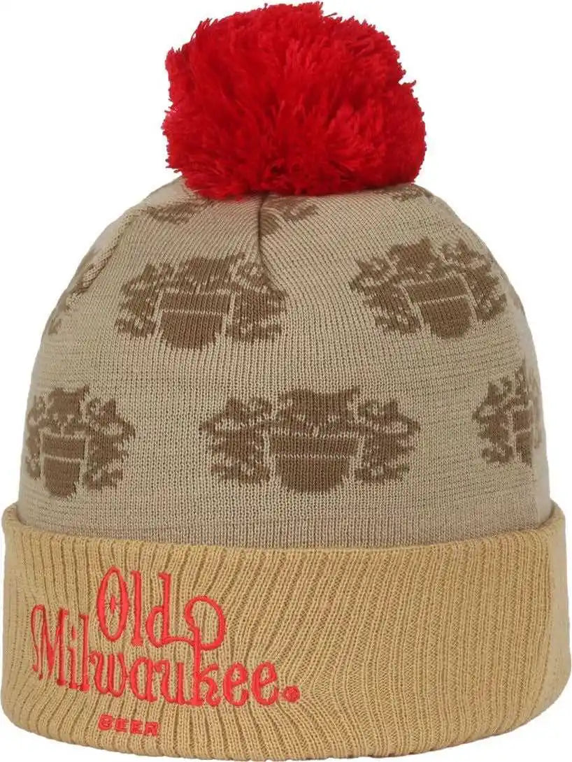 Oc Sports Beer-034 Pabst Beanie with Pom - Putty Gold Red - Light Gray / 6 7/8’’ - 7 1/2’’