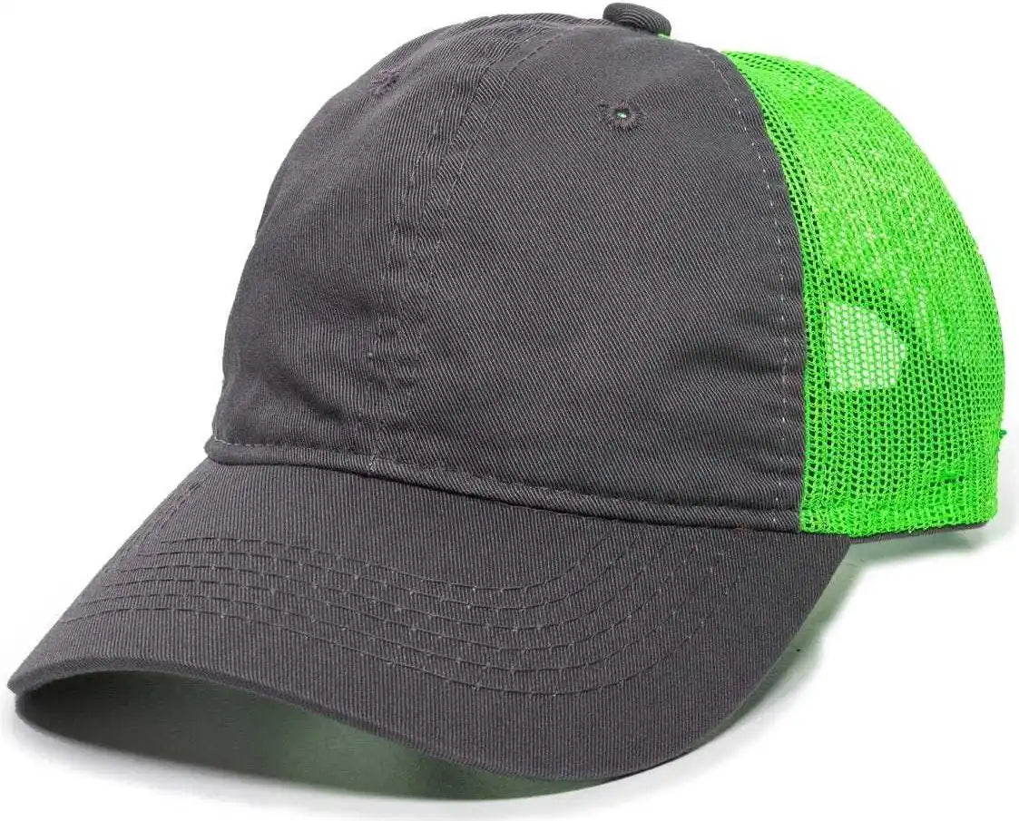 Oc Sports Fwt-130 Garment Wash Mesh Back Baseball Cap - Charcoal Neon Green - Dark Gray / 6 7/8’’ - 7 1/2’’