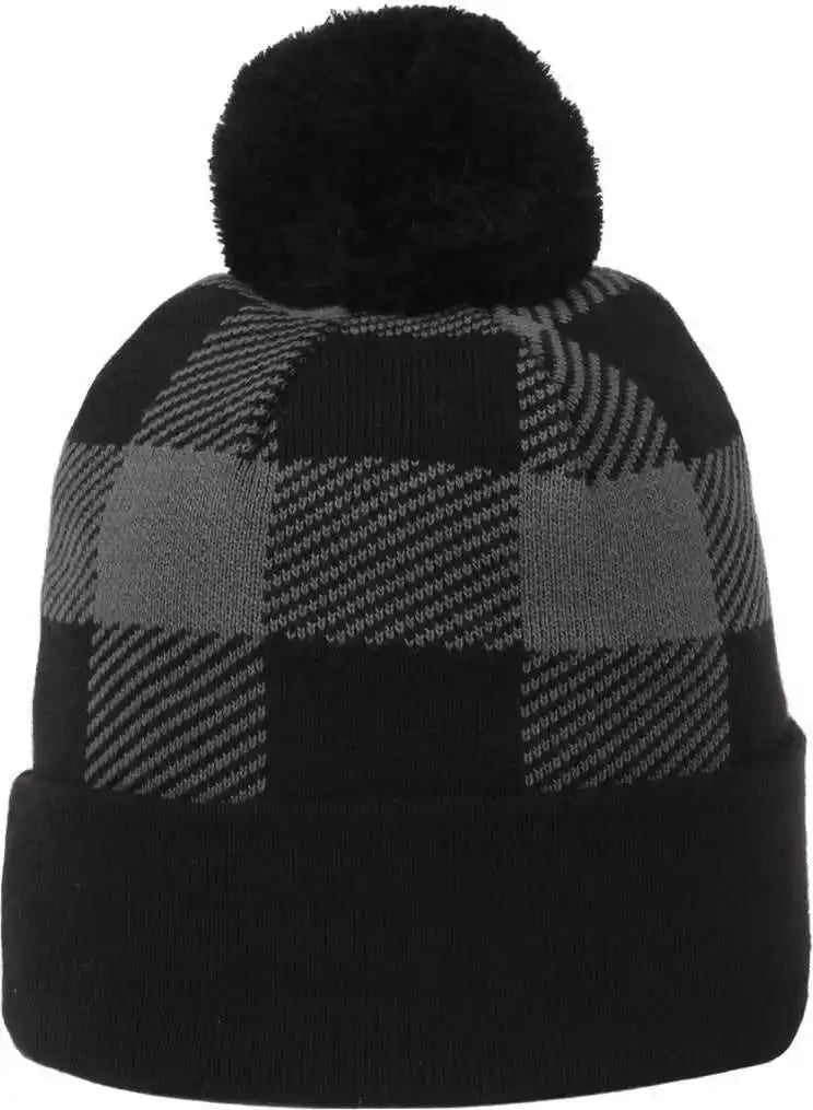 Oc Sports Knf-pld Plaid Watch Beanier with Pom - Black Charcoal
