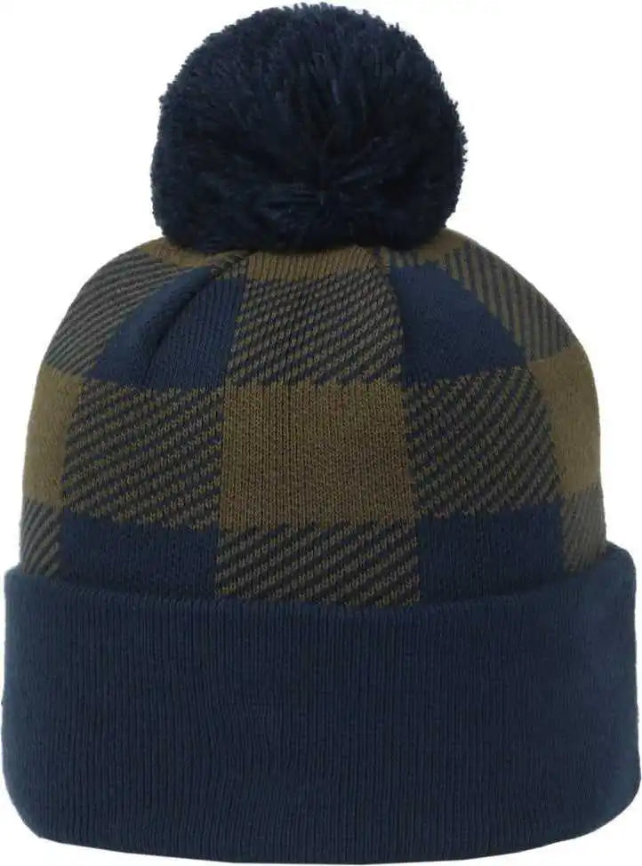 Oc Sports Knf-pld Plaid Watch Beanier with Pom - Navy Olive - Osfm