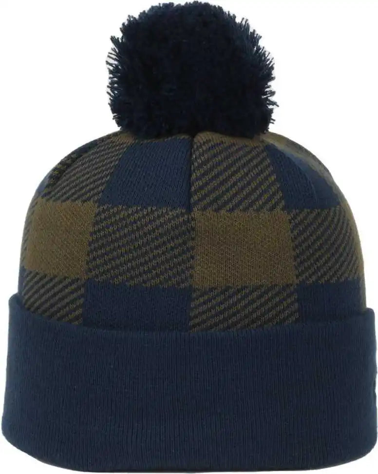 Oc Sports Knf-pld Plaid Watch Beanier with Pom - Navy Olive - Osfm