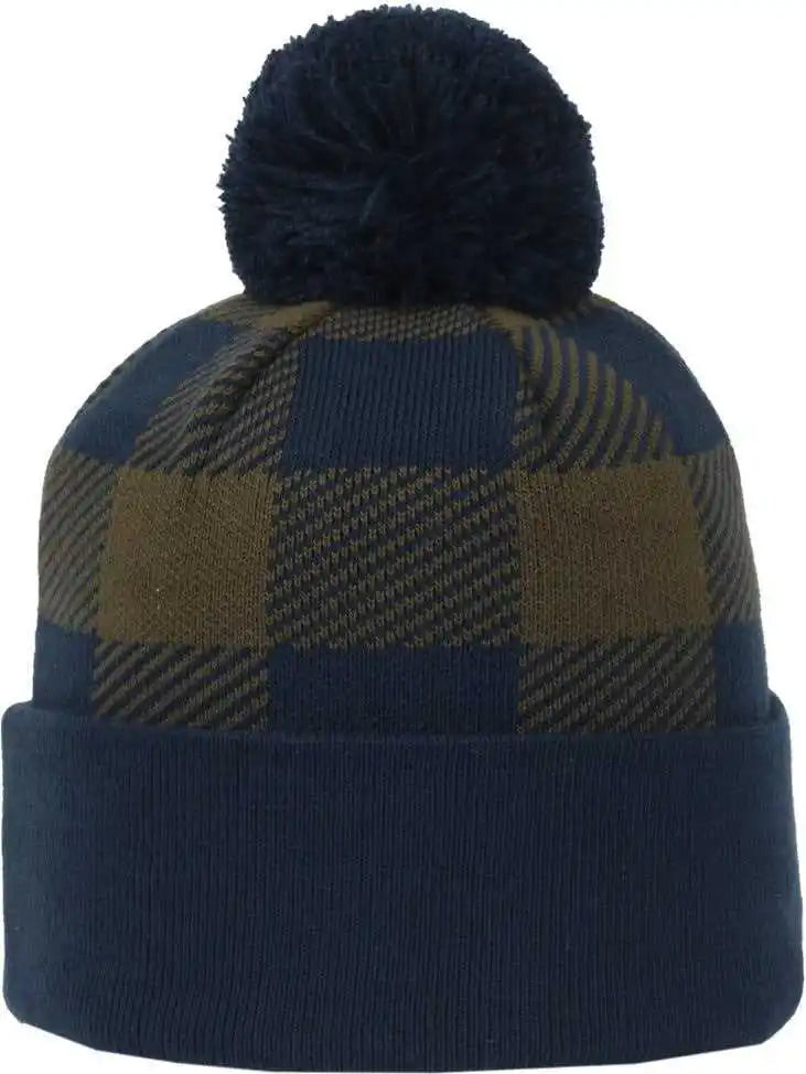 Oc Sports Knf-pld Plaid Watch Beanier with Pom - Navy Olive - Osfm
