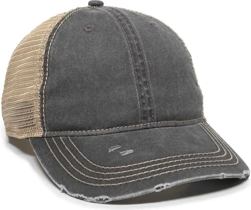 Oc Sports Oc801 Washed Adjustable Tea-stained Mesh Back Panels Cap - Black Tea Stain - Ivory / 6 7/8’’ - 7 1/2’’