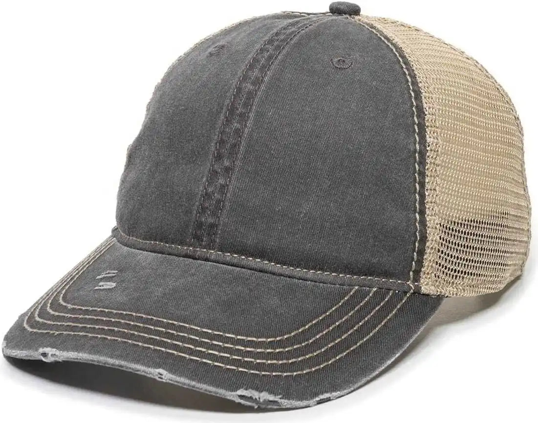 Oc Sports Oc801 Washed Adjustable Tea-stained Mesh Back Panels Cap - Black Tea Stain - Ivory / 6 7/8’’ - 7 1/2’’