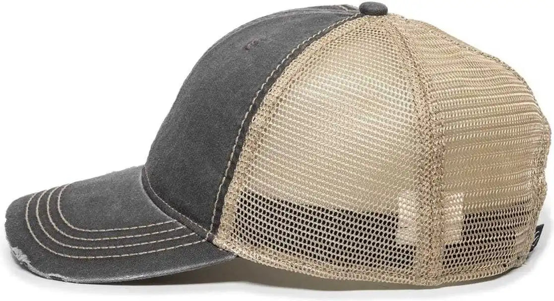 Oc Sports Oc801 Washed Adjustable Tea-stained Mesh Back Panels Cap - Black Tea Stain - Ivory / 6 7/8’’ - 7 1/2’’