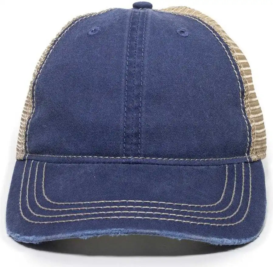 Oc Sports Oc801 Washed Adjustable Tea-stained Mesh Back Panels Cap - Navy Tea Stain - Ivory / 6 7/8’’ - 7 1/2’’