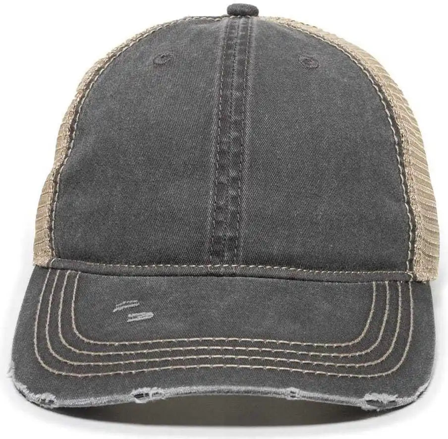 Oc Sports Oc801 Washed Adjustable Tea-stained Mesh Back Panels Cap - Black Tea Stain - Ivory / 6 7/8’’ - 7 1/2’’