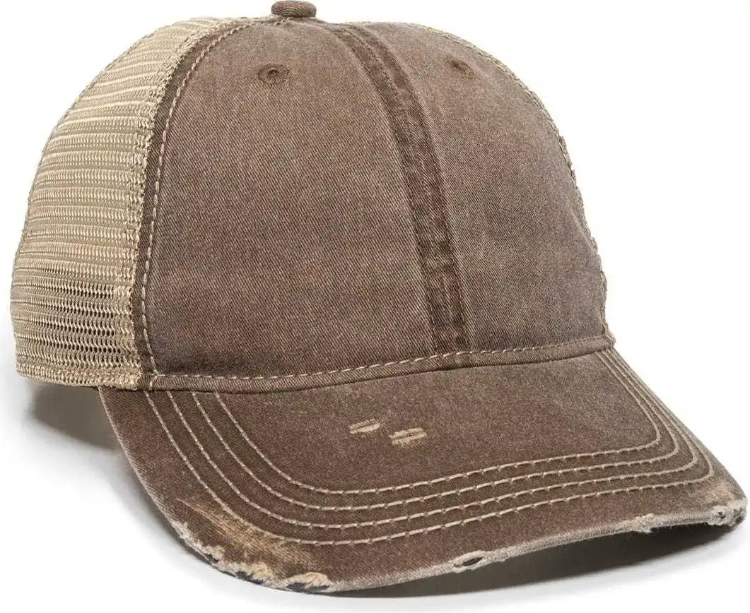 Oc Sports Oc801 Washed Adjustable Tea-stained Mesh Back Panels Cap - Brown Tea Stain - Ivory / 6 7/8’’ - 7 1/2’’