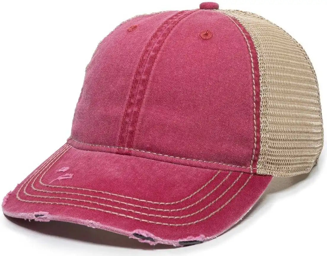 Oc Sports Oc801 Washed Adjustable Tea-stained Mesh Back Panels Cap - Ruby Tea Stain - Cardinal Ivory / 6 7/8’’ - 7 1/2’’