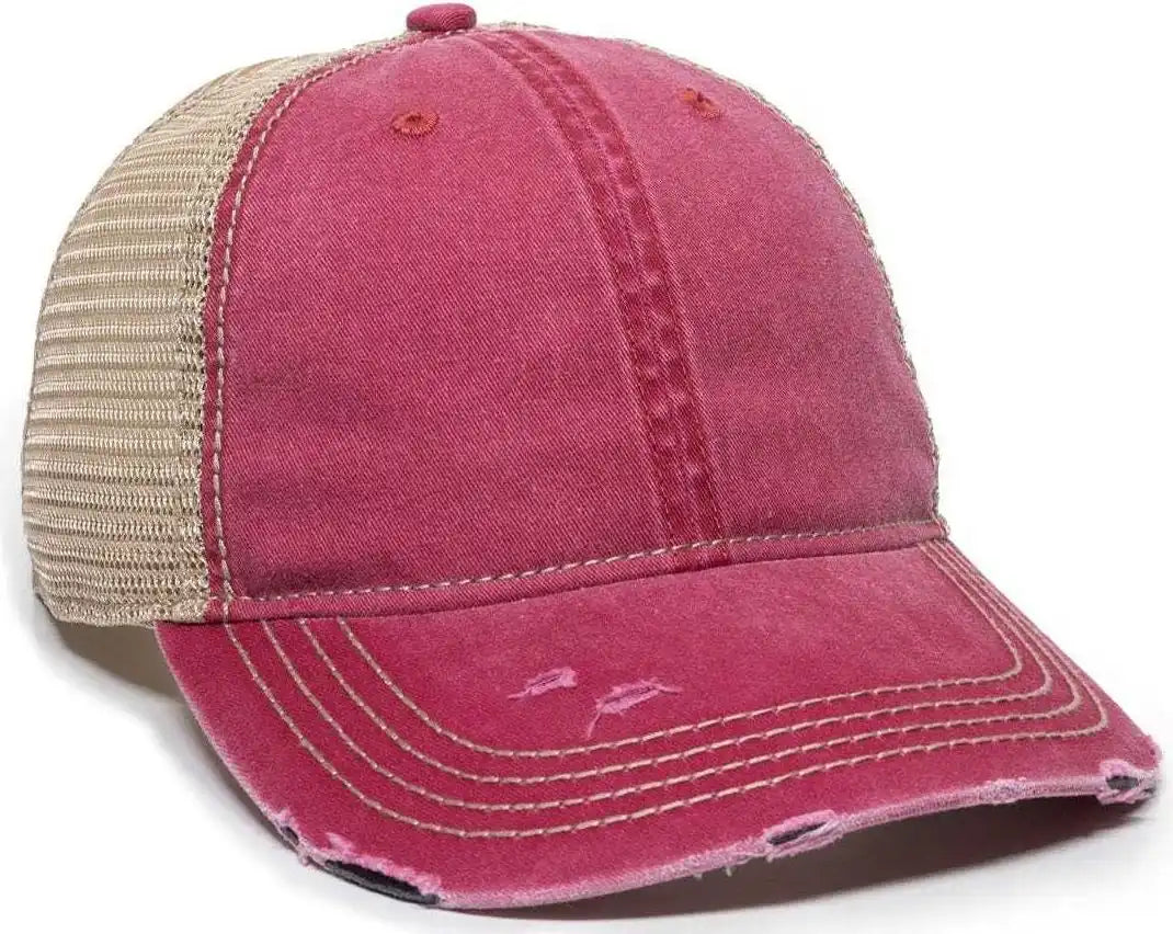 Oc Sports Oc801 Washed Adjustable Tea-stained Mesh Back Panels Cap - Ruby Tea Stain - Cardinal Ivory / 6 7/8’’ - 7 1/2’’