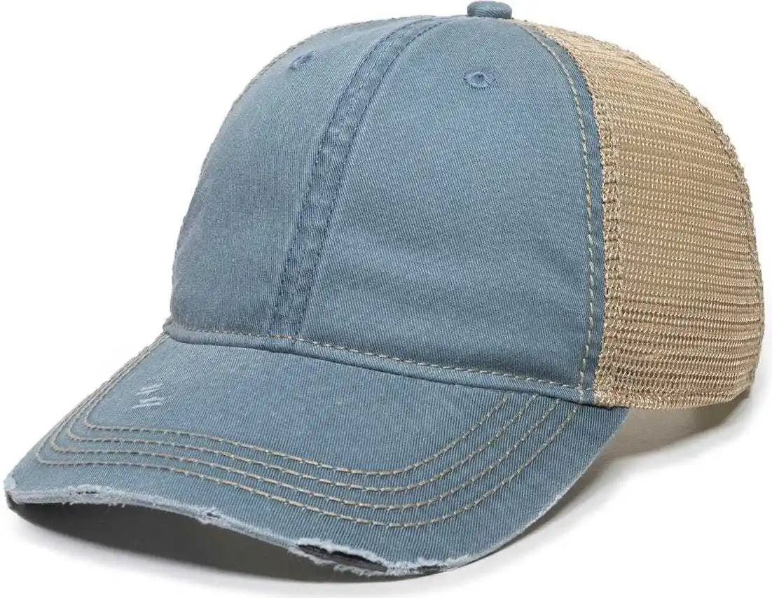 Oc Sports Oc801 Washed Adjustable Tea-stained Mesh Back Panels Cap - Sage Tea Stain - Blue Ivory / 6 7/8’’ - 7 1/2’’